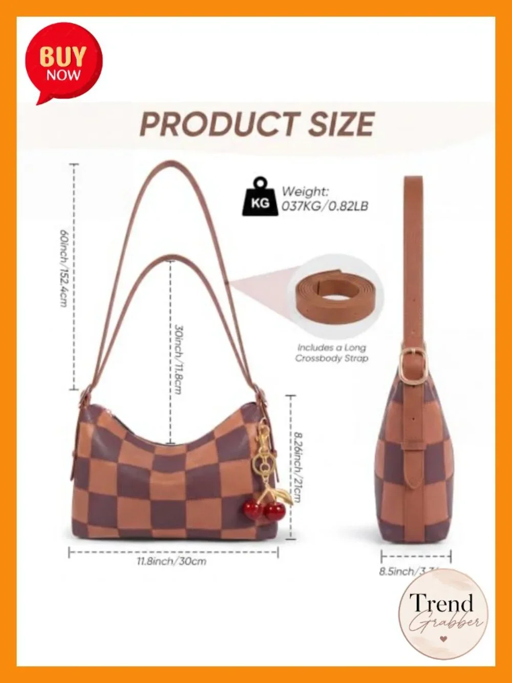 Vegan Leather Checkered Hobo Shoulder Bag with Cherry Charm - Medium Slouchy
